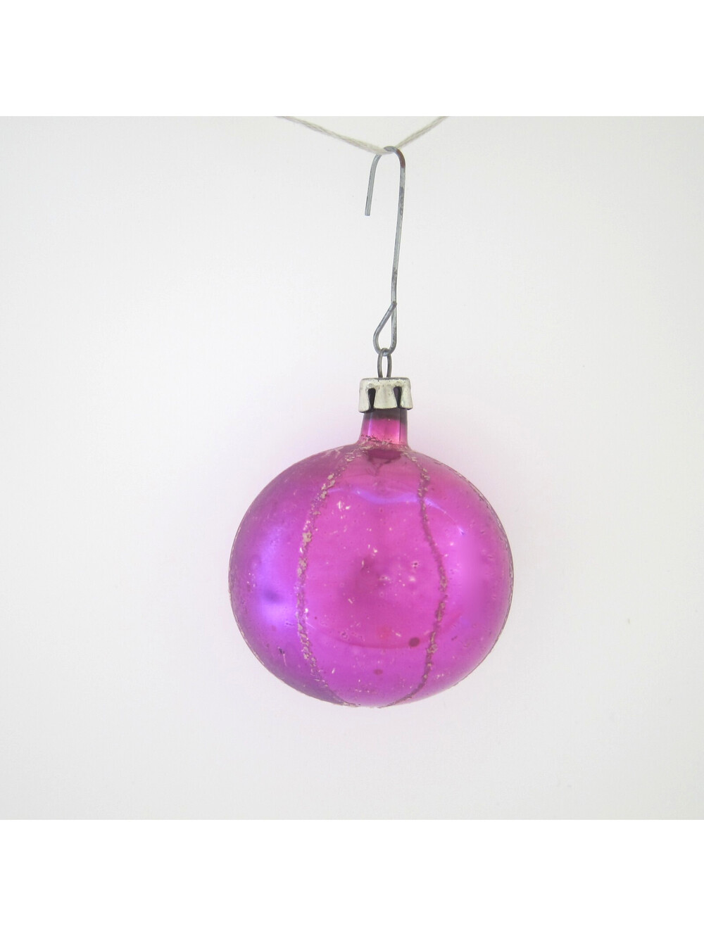 Vintage Mercury Glass Christmas Ornament Ball Fuchsia Mica Glitter Stripes 2.5"